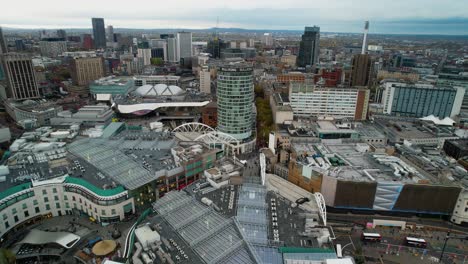 Downtown-City-Centre-Buildings-in-Birmingham,-England---Aerial
