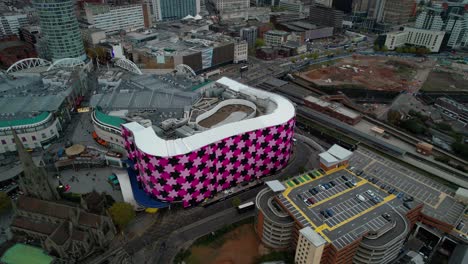 Selfridges-Building-at-Bull-Ring-Shopping-Center-in-Birmingham,-England---Aerial