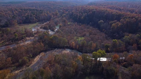Aerial-View-Of-Forest-Trees-And-Creekbed-In-Autumn
