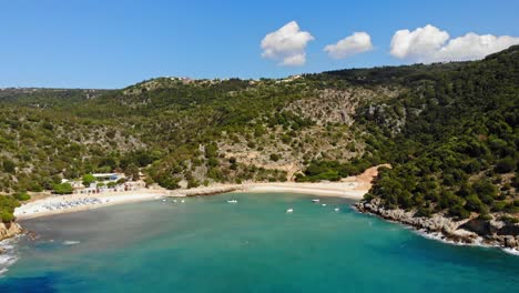 Scenic-View-Of-Jerusalem-Beach-In-North-Kefalonia,-Greece-During-Summer---aerial-drone-shot