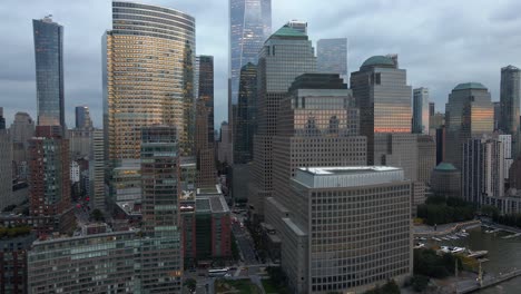 Aerial-view-of-skyscrapers-in-Tribeca-and-Battery-park-city,-New-York---tracking,-drone-shot