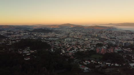 Aerial-panoramic-view-of-braga-city-at-sunset,-Portugal-old-town