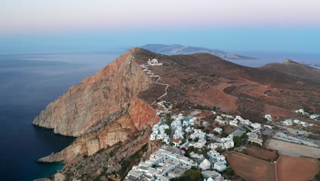Aerial-panorama-view-Folegandros-Village-and-Hilltop-Pagania-Church,-Greek-Island-Landscape