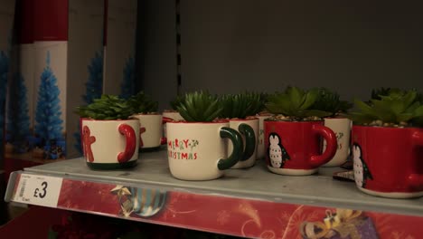 Individual-festive-season-gift-mug-plants-on-retail-department-store-shelf-dolly-right