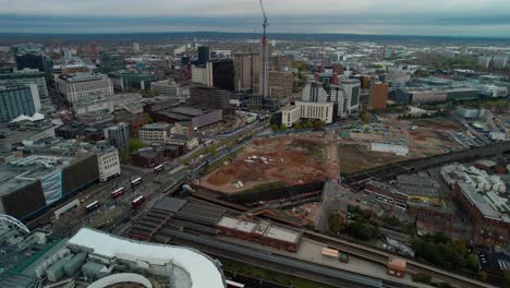 Pull-out-aerial-over-the-Bull-Ring-Mall-and-the-new-construction-of-old-sites-in-Birmingham-England