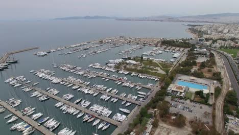 Drone-flies-over-boats-at-the-dock-of-Athens-Greece