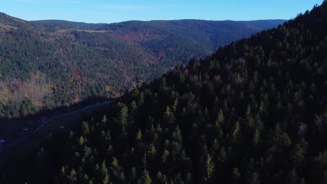 Aerial-view-of-evergreen-forest-mountain-range-in-the-north-east-of-France