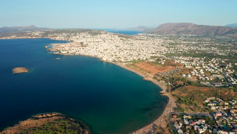 Wide-Aerial-Crete-Island-Landscape,-Chania-City-and-Nea-Chora-Beach-Coastline,-Greece