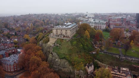 Nottingham-Castle-UK-,drone-aerial-push-in-shot-footage-vibrant-autumn-colours