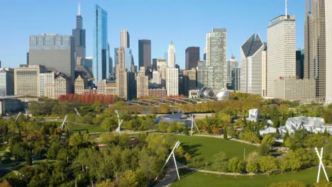Low-Aerial-Shot-Above-Millennium-Park-on-Beautiful-Autumn-Day