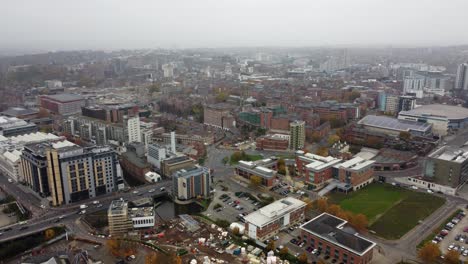 Grauer-Bewölkter-Tag-Nottingham-City-Uk,-Drohne-Luftaufnahmen