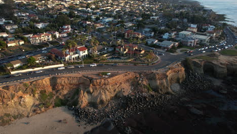 Aerial-View-of-Traffic-on-Coastal-Boulevard-in-Sunset-Cliffs-Neighborhood-of-San-Diego,-California-USA,-Drone-Shot