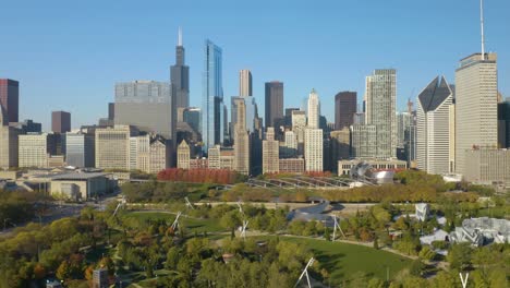 Pedestal-Up-Reveals-Chicago's-Famous-Millennium-Park-on-Clear-Autumn-Afternoon