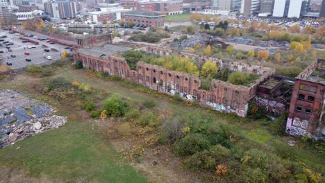 The-great-northern-warehouse-derelict-buildings-Nottingham-City-UK-,drone-aerial-pull-back-reveal-footage