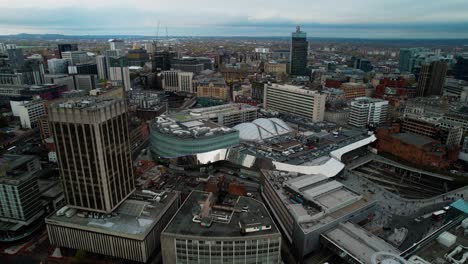 Bull-Ring-Shopping-Centre-in-City-of-Birmingham,-England---Aerial