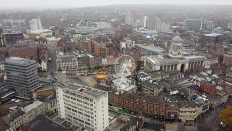 Nottingham-City-UK-,drone-aerial-pan-Old-Market-Square-with-christmas-market-2021