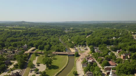 High-Aerial-View-Above-Small-Town-USA-in-Summer