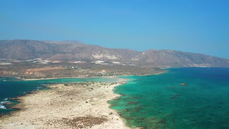 Aerial-Pullback-view-idyllic-Landscape,-Beautiful-Elafonissi-Beach-Emerald-water,-Greece