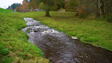 Fluss,-Der-Im-Herbst-Durch-Die-Grünen-Felder-Auf-Dem-Land-Fließt---Drohnenaufnahme
