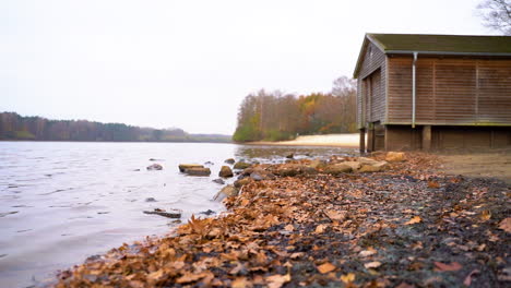 Wooden-Cabin-By-The-Riverbank-With-Fallen-Autumn-Leaves-On-The-Ground