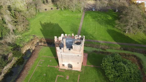 Rye-House-Gatehouse,-built-1443,-Hoddesdon,-Hertfordshire,-UK-Involved-in-Rye-House-Plot-of-1683-drone-overhead-footage