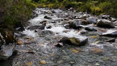 Natürliche-Aufnahme-Des-Fließenden-Falls-Baches-Zwischen-Steinen-Und-Felsen-In-Der-Neuseeländischen-Wildnis