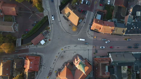 Top-Down-View-Of-Streets-Intersection-In-Friesoythe-City,-Cloppenburg,-Lower-Saxony,-Germany---aerial-drone-shot