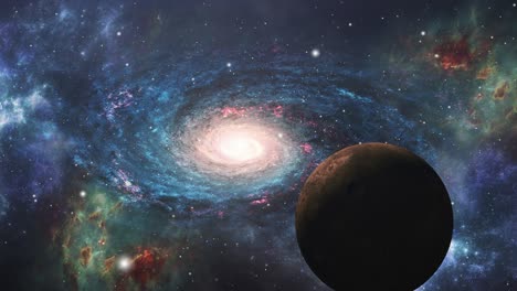 Spiralgalaxie-Mit-Umgebenden-Nebelwolken-Und-Planeten-Im-Universum