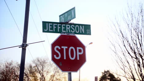 Slow-motion-shot-of-the-Jefferson-Street-and-26th-Ave-N-street-sign-in-the-historic-Jefferson-Street-district,-North-Nashville,-Tennessee