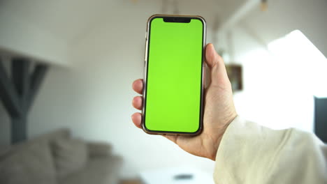 A-POV-of-a-man-holding-a-smartphone-with-greenscreen-in-vertical-standing-in-an-isolated-white-background