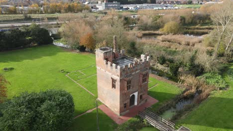 Rye-House-Gatehouse,-built-1443,-Hoddesdon,-Hertfordshire,-UK-Involved-in-Rye-House-Plot-of-1683-Aerial-footage