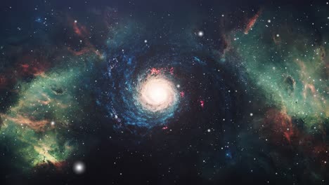 Galaxia-Espiral-Moviéndose-Flotando-En-Nubes-Nebulosas-Verdes-En-El-Universo