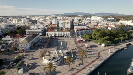Aerial-view-famous-riverfront-square-at-Portimão-Downtown,-Manuel-Teixeira-Gomes-Square