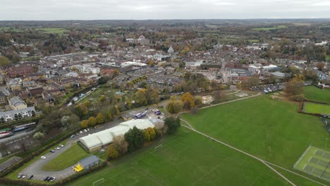 Hartham-Common-Park-town-in-background-Hertford-,-Hertfordshire-UK-aerial-drone-view