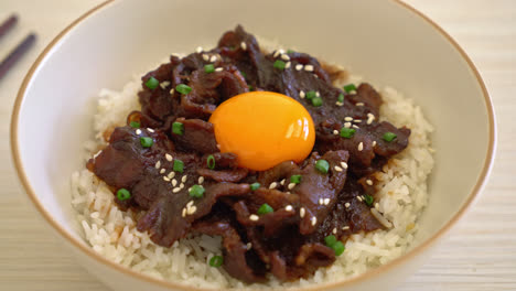 Reis-Mit-Schweinefleisch-Mit-Sojageschmack-Oder-Japanische-Schweinefleisch-Donburi-Bowl---Asiatische-Küche