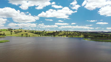 Aerial:-Flying-over-the-large-water-catchment-of-Chifley-dam