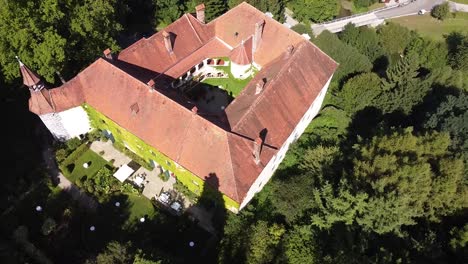 Drone-flies-close-by-a-castle-ernegg-sunny-weather-Lower-Austria