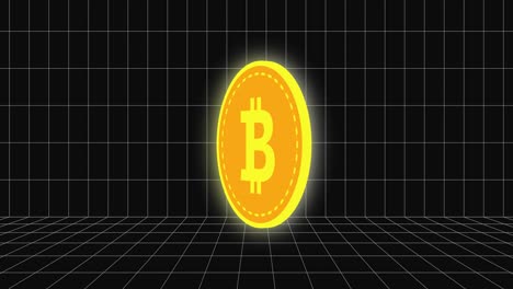 3D-Bitcoin-Währung,-Die-Auf-Einem-Gitterhintergrund-Erscheint-Und-Rotiert