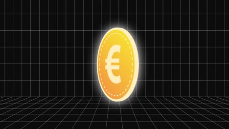 3D-Euro-Münzwährung,-Die-Auf-Einem-Gitterhintergrund-Erscheint-Und-Sich-Dreht