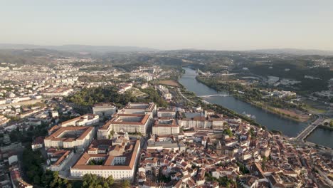 Aerial-Panorama-view,-Coimbra-Cityscape-with-Mondego-River-Bridges---Portugal