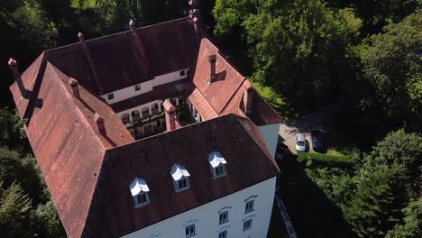 Drone-flies-over-a-castle-ernegg-sunny-weather-Lower-Austria