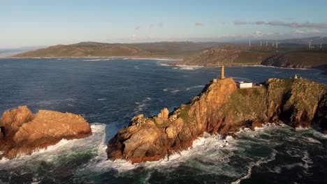 Galicia-north-Spain-aerial-view-of-cape-vilan-lighthouse-rock-formation-on-the-Atlantic-sea-ocean