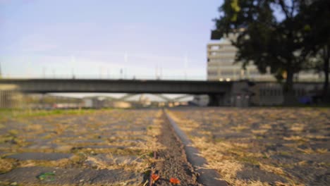 Low-dolly-shot-of-old-railroad-tracks-in-cobble-stones-with-grass-and-weeds-growing-up-around-the-edges