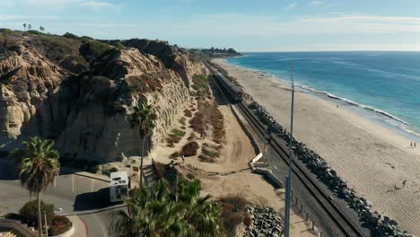 An-Amtrak-train-moving-through-he-Calafia-beach-area-in-San-Clemente,-California