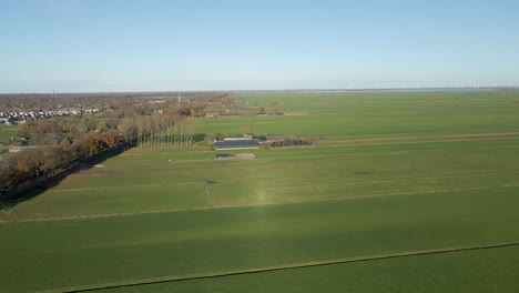 Aerial-of-a-distant-farm-surrounded-by-green-meadows-in-rural-holland