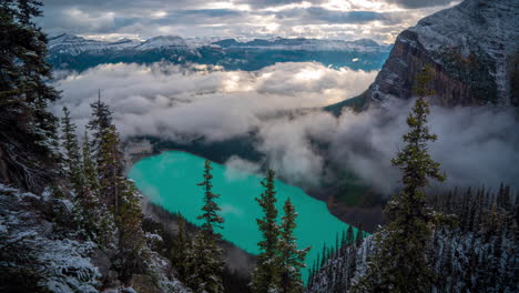 Time-Lapse,-Lookout-View-of-Lake-Louise,-Banff-National-Park,-Alberta,-Canada