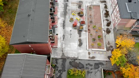 Aerial-top-down-view-Residential-Apartment-Buildings-Outside-Gothenburg,-Sweden