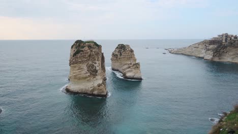 Rouche-rocks-in-Beirut,-Lebanon-in-the-sea-during-daytime