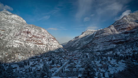 Time-Lapse,-Ouray-Town,-Colorado-USA,-Switzerland-of-America-in-Winter-Landscape,-Clouds,-Snowy-Hills-and-Buildings-in-Valley
