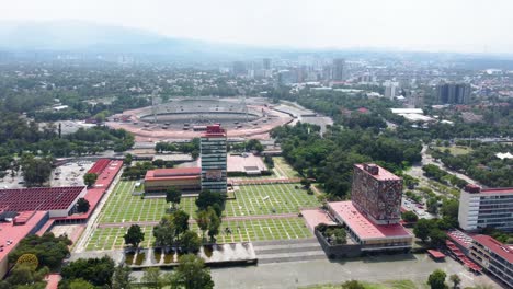 Central-University-City-campus-with-the-Olympic-Stadium-behind,-Mexico-City
